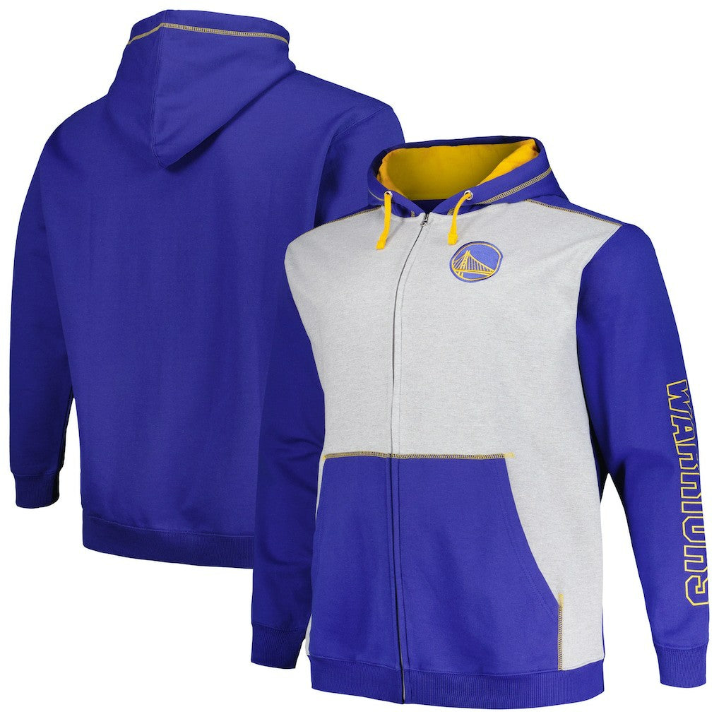 Fanatics Golden State Warriors Big & Tall Contrast Pieced Stitched Full-Zip Hoodie Royal/Heather Gray