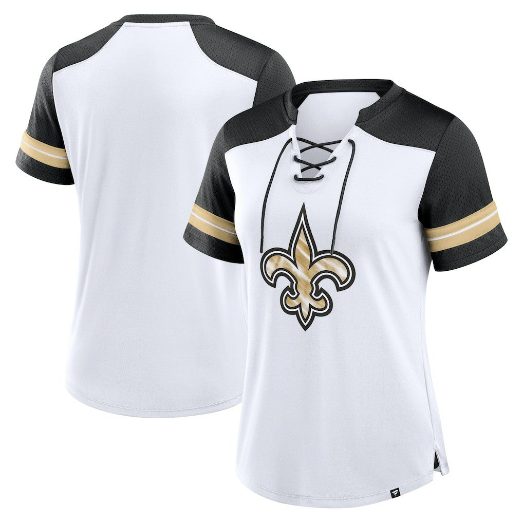 New Orleans Saints Women's Foiled Primary Lace-Up T-Shirt - White/Black - Fanatics