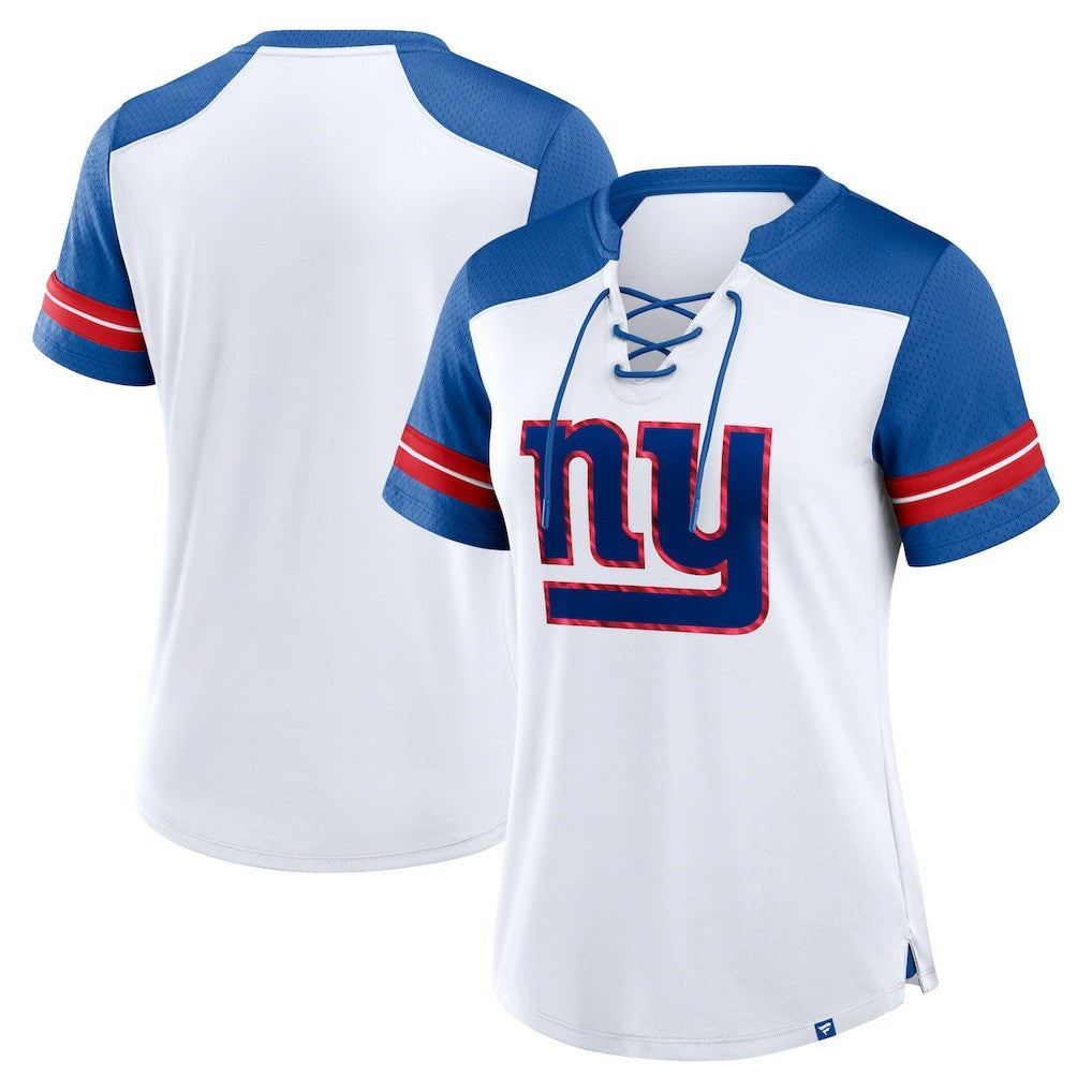 New York Giants Women's Foiled Primary Lace-Up T-Shirt - White/Royal - Fanatics
