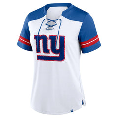 New York Giants Women's Foiled Primary Lace-Up T-Shirt - White/Royal - Fanatics