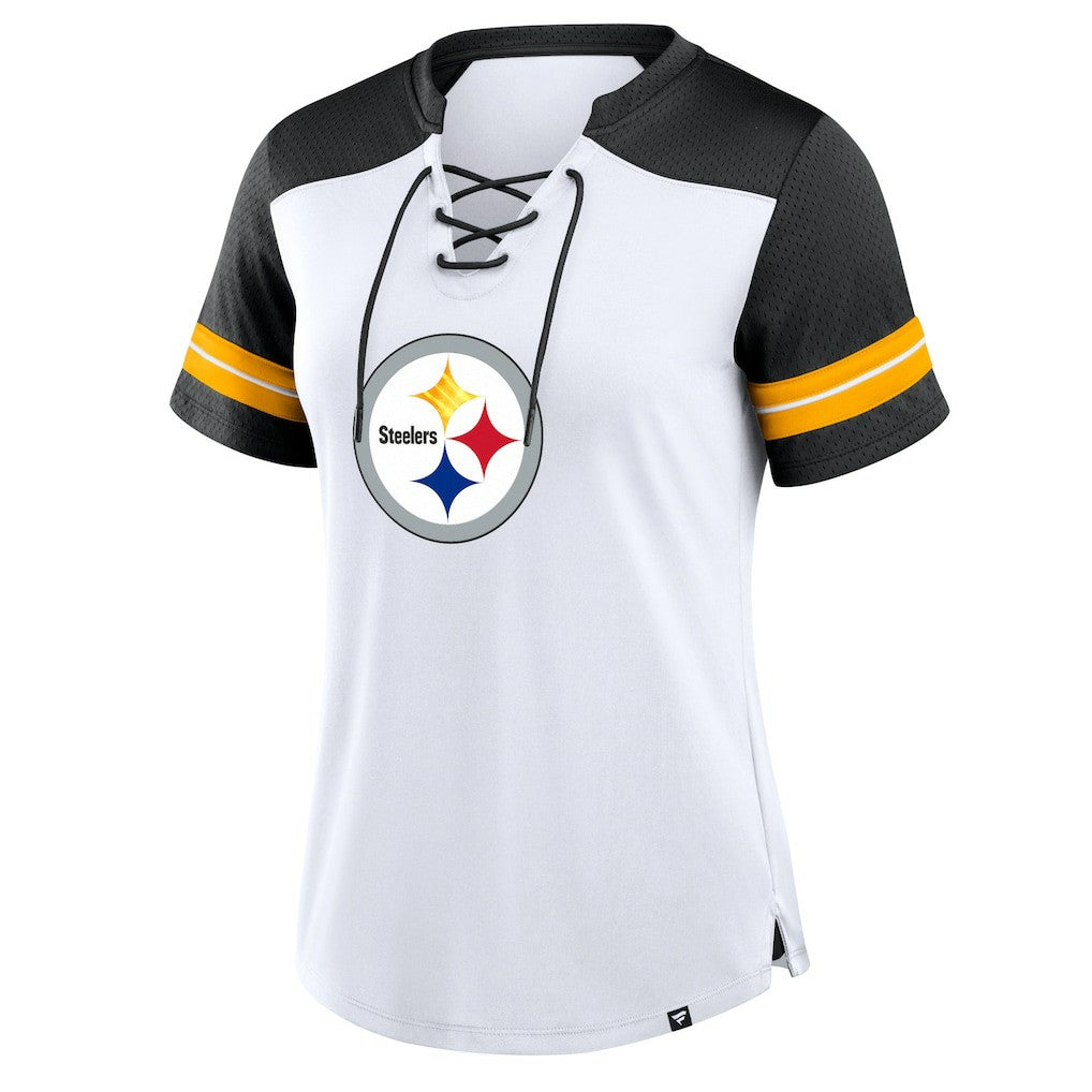 Pittsburgh Steelers Women's Foiled Primary Lace-Up T-Shirt - White/Black - Fanatics