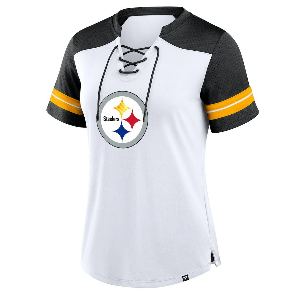 Pittsburgh Steelers Women's Foiled Primary Lace-Up T-Shirt - White/Black - Fanatics