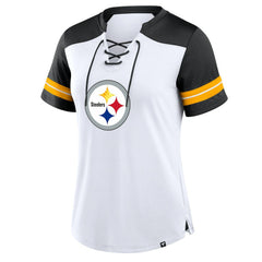 Pittsburgh Steelers Women's Foiled Primary Lace-Up T-Shirt - White/Black - Fanatics