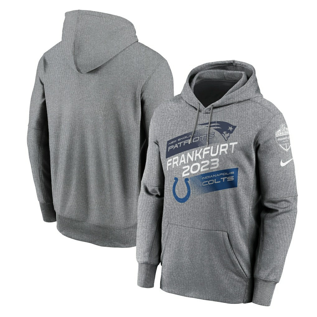 New England Patriots vs. Indianapolis Colts 2023 Frankfurt Game Pullover Hoodie - Heather Charcoal - Nike