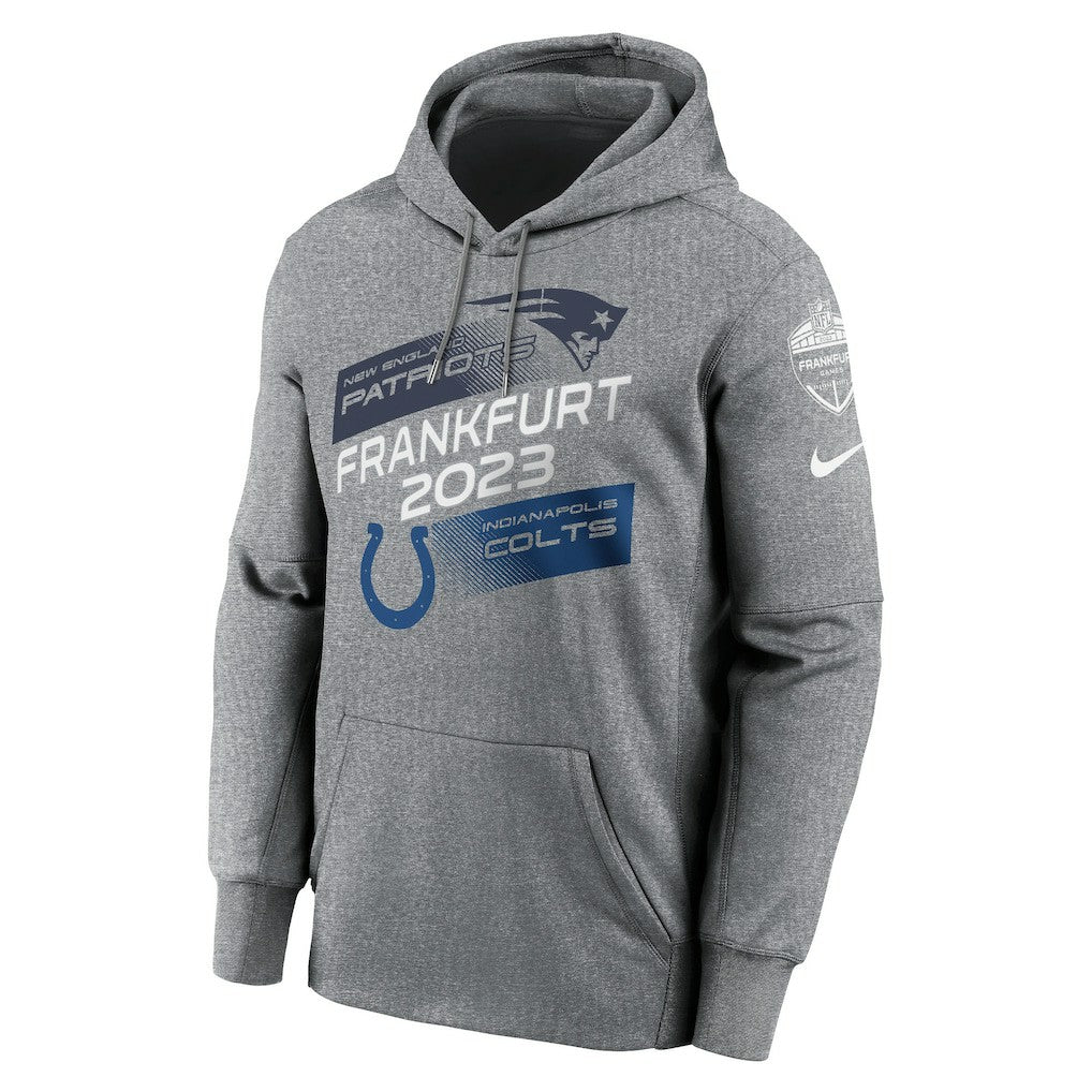 New England Patriots vs. Indianapolis Colts 2023 Frankfurt Game Pullover Hoodie - Heather Charcoal - Nike