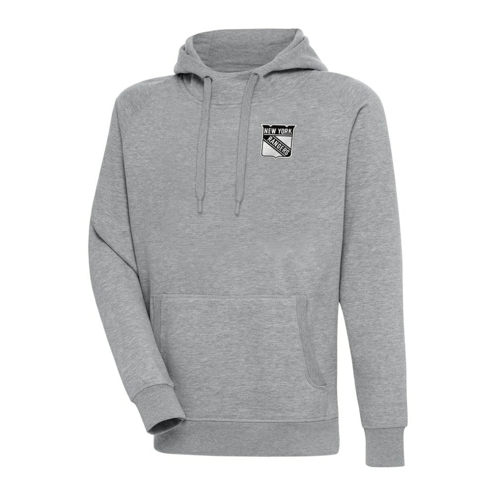 New York Rangers Antigua Metallic Logo Victory Pullover Hoodie - Heather Gray | NHL Lifestyle