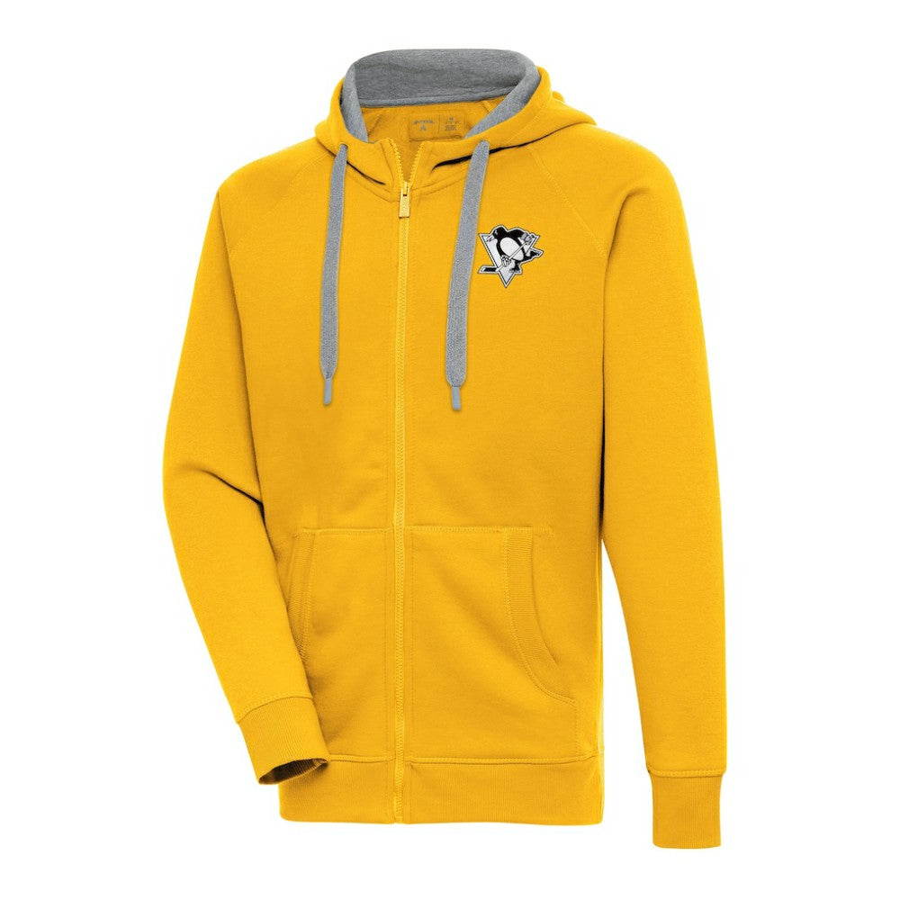 Pittsburgh Penguins Antigua Metallic Logo Victory Full-Zip Hoodie - Gold | NHL Clearance