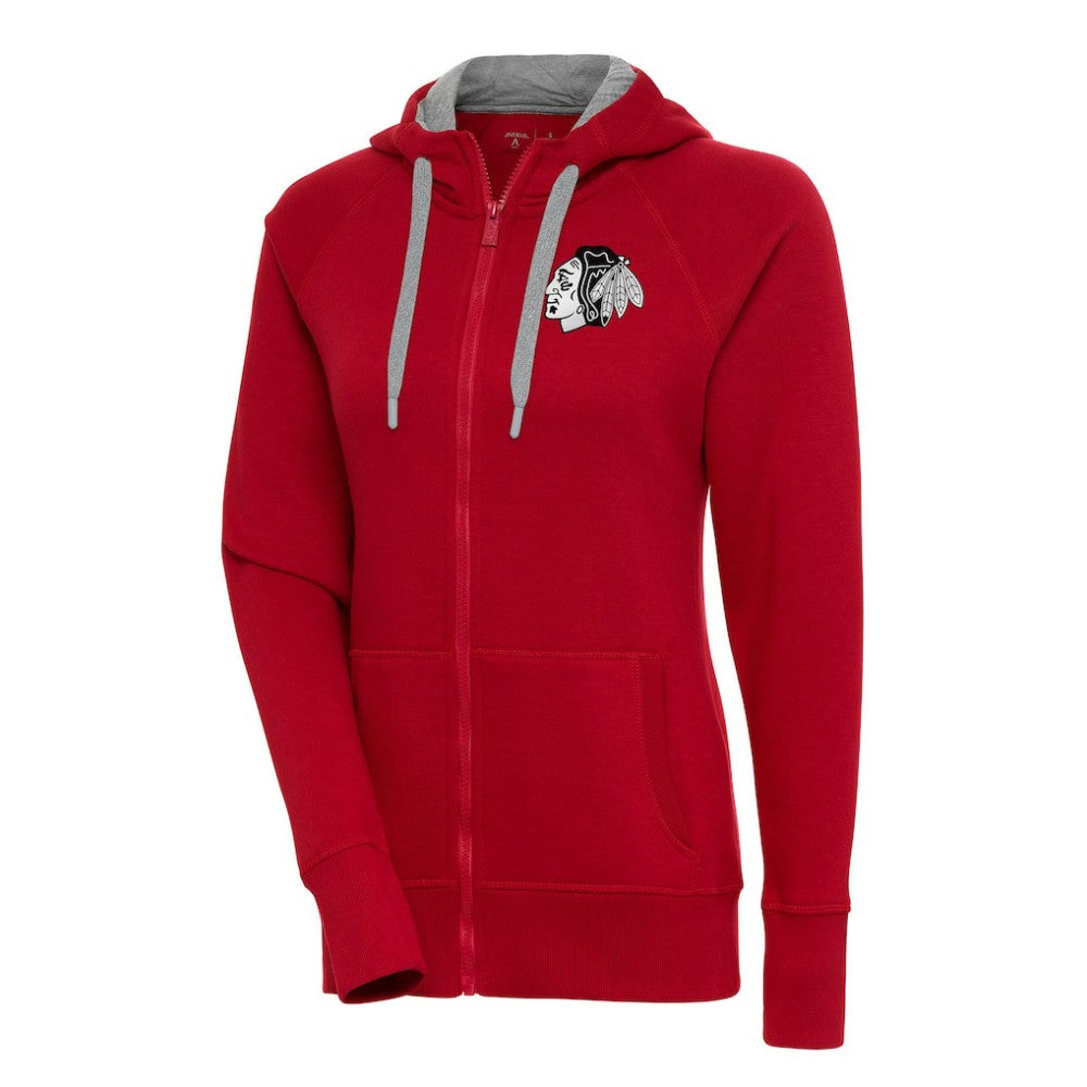 Chicago Blackhawks Antigua Women's Metallic Logo Victory Full-Zip Hoodie - Red | NHL Lifestyle