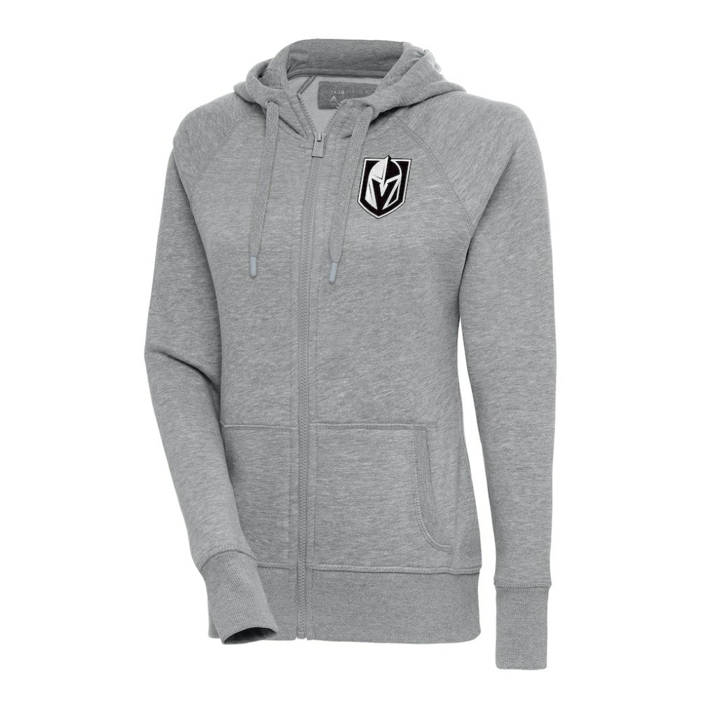 Vegas Golden Knights Antigua Women's Metallic Logo Victory Full-Zip Hoodie - Heather Gray | NHL Clearance