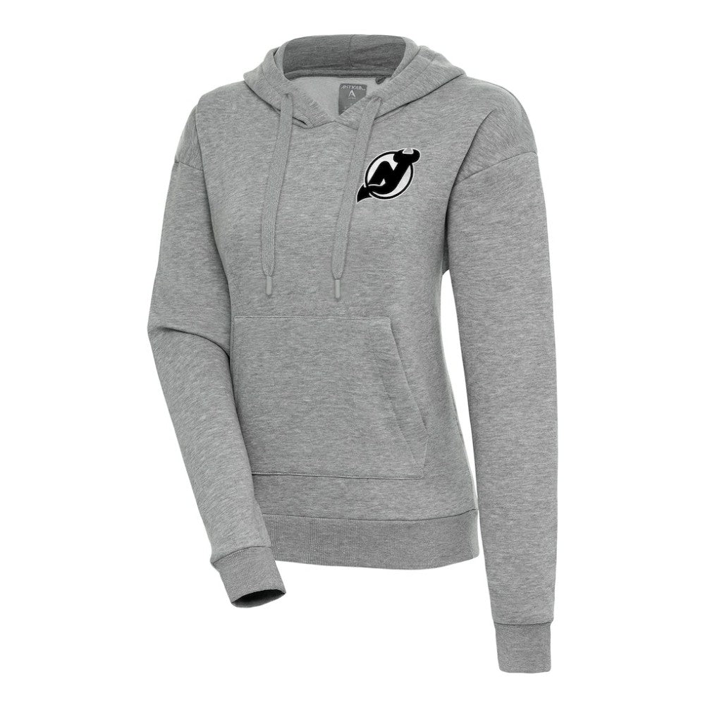 New Jersey Devils Antigua Women's Metallic Logo Victory Pullover Hoodie - Heather Gray | NHL Clearance