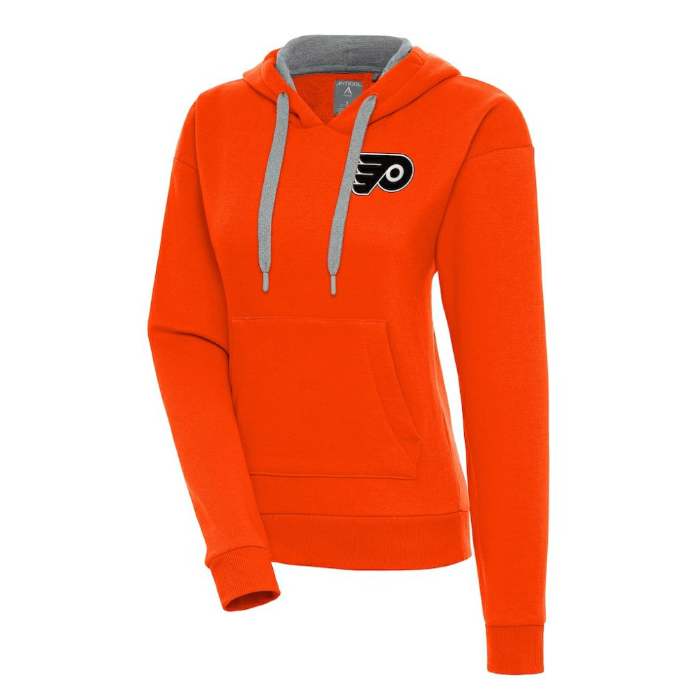 Philadelphia Flyers Antigua Women's Metallic Logo Victory Pullover Hoodie - Orange | NHL Clearance