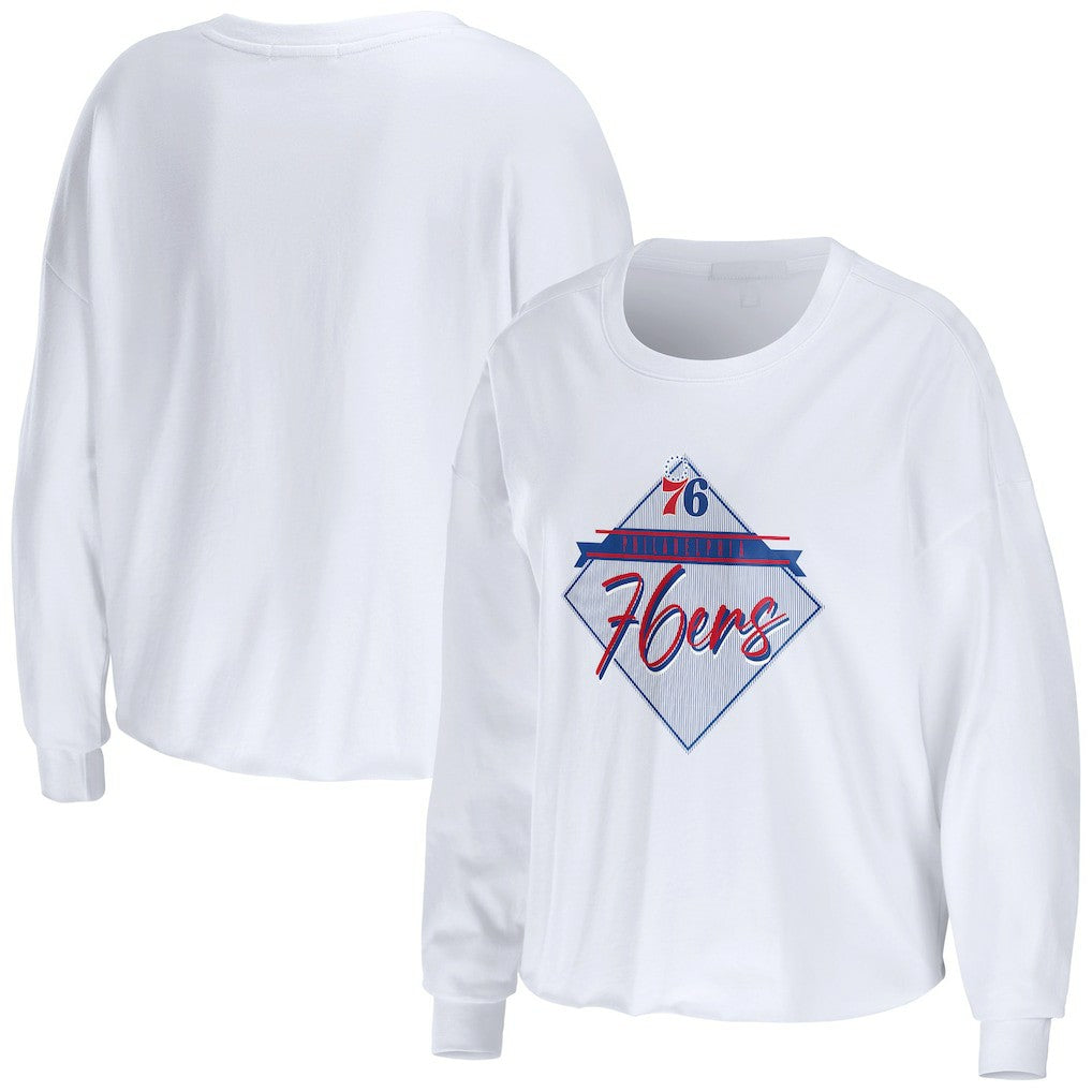 Philadelphia 76ers WEAR by Erin Andrews Women's Cropped Long Sleeve T-Shirt White