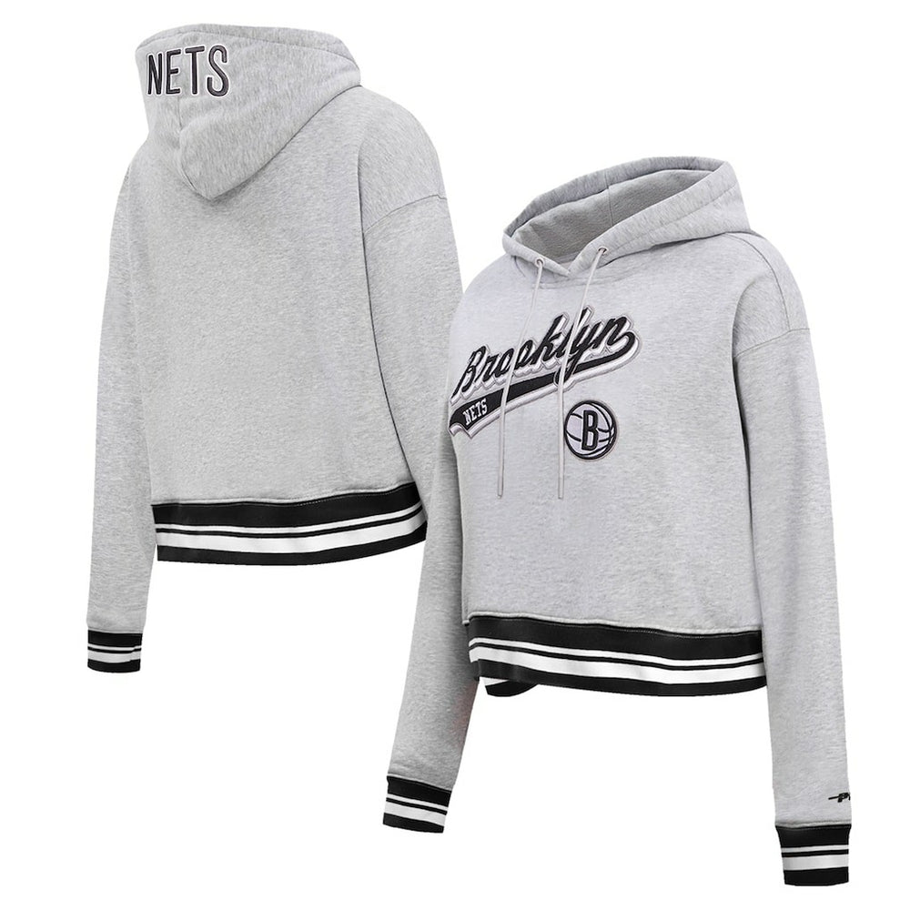 Brooklyn Nets Pro Standard Women's Script Tail Cropped Pullover Hoodie Heather Gray