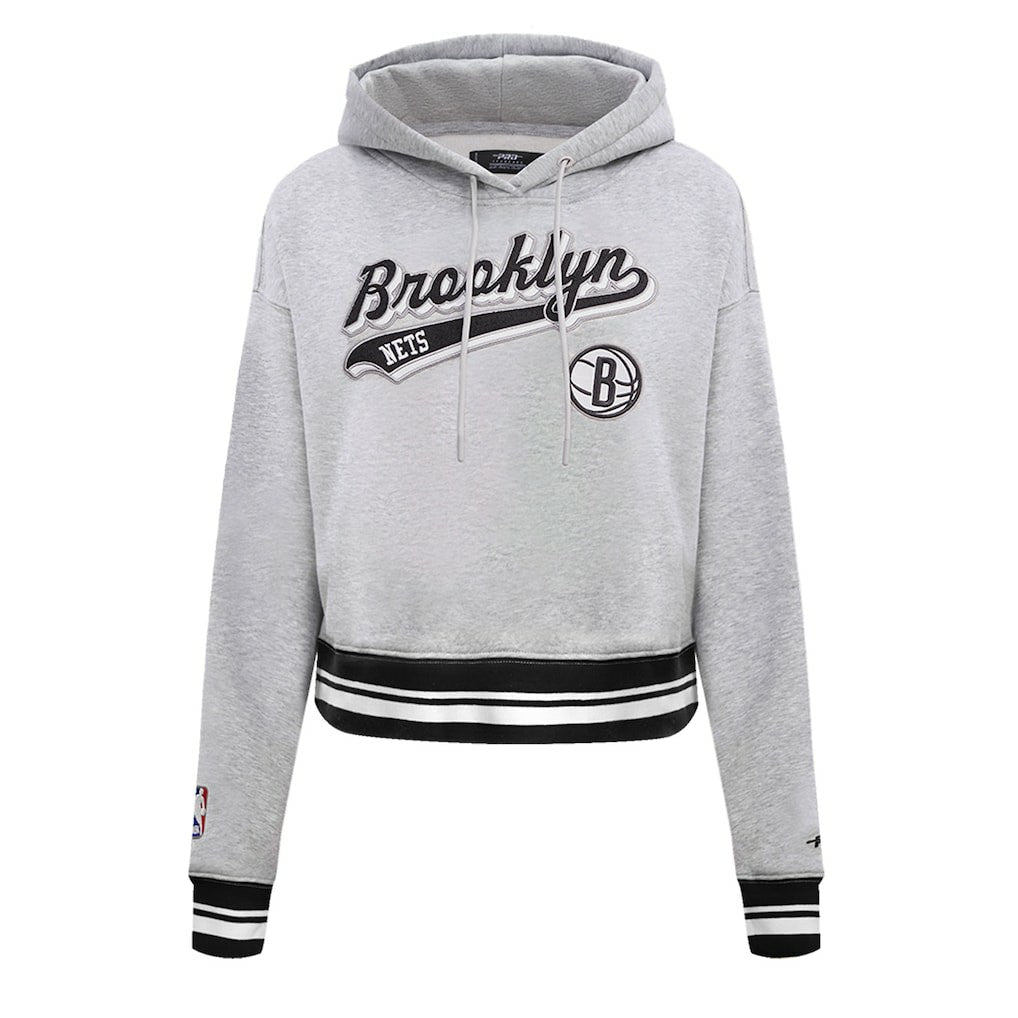 Brooklyn Nets Pro Standard Women's Script Tail Cropped Pullover Hoodie Heather Gray