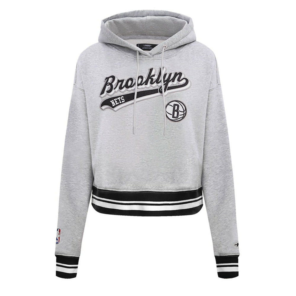 Brooklyn Nets Pro Standard Women's Script Tail Cropped Pullover Hoodie Heather Gray