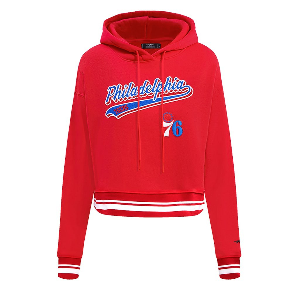 Philadelphia 76ers Pro Standard Women's Script Tail Cropped Pullover Hoodie Red