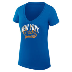 New York Knicks G-III 4Her by Carl Banks Women's Super-Slim Fit Lightweight Filigree Logo V-Neck T-Shirt Blue