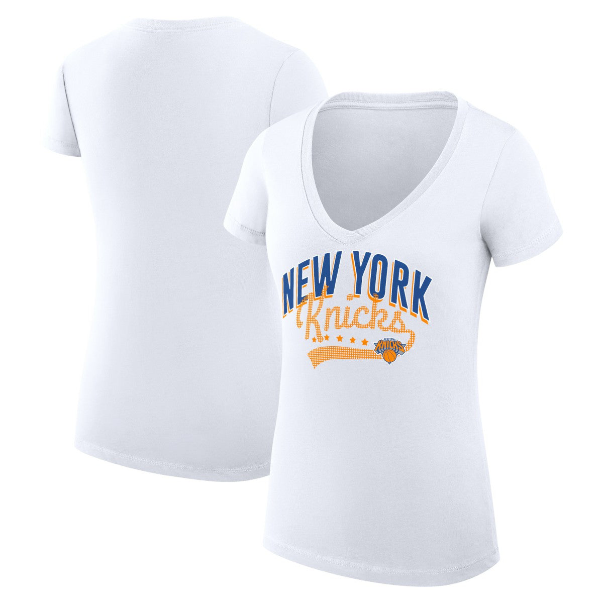 New York Knicks G-III 4Her by Carl Banks Women's Super-Slim Fit Lightweight Filigree Logo V-Neck T-Shirt - White