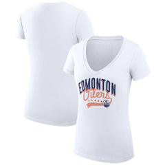 Edmonton Oilers G-III 4Her by Carl Banks Women's Super-Slim Fit Lightweight Filigree Logo V-Neck T-Shirt – White | NHL online