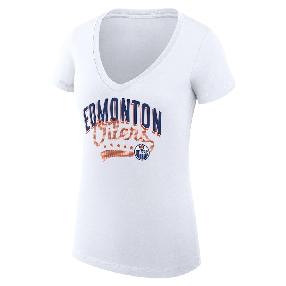 Edmonton Oilers G-III 4Her by Carl Banks Women's Super-Slim Fit Lightweight Filigree Logo V-Neck T-Shirt – White | NHL online