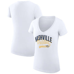 Nashville Predators G-III 4Her by Carl Banks Women's Super-Slim Fit Lightweight Filigree Logo V-Neck T-Shirt – White | NHL discount