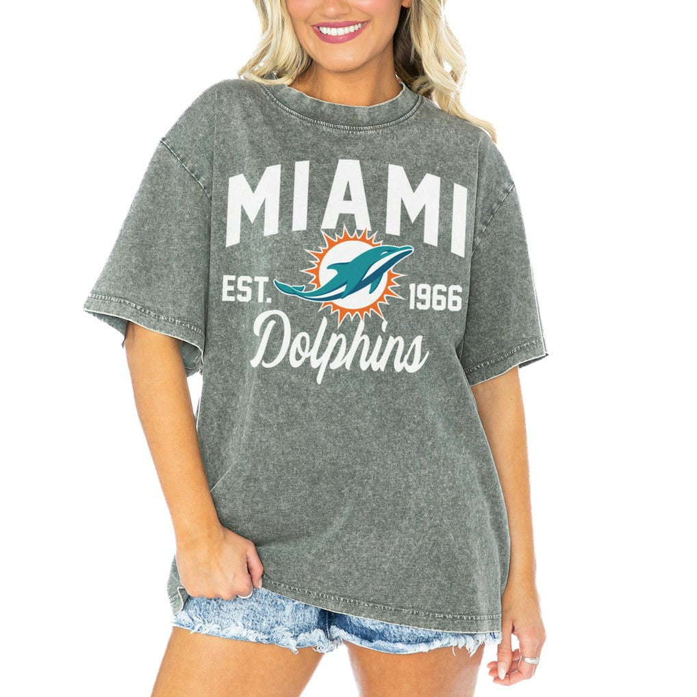 Miami Dolphins Gameday Couture Women's Tackle Titan Boyfriend Washed T-Shirt - Gray - NFL