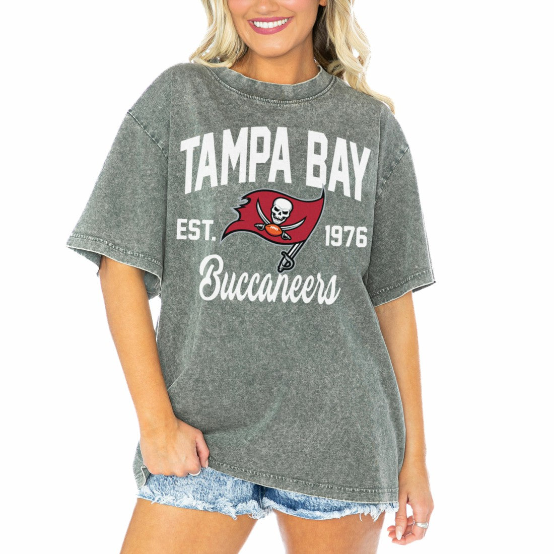 Tampa Bay Buccaneers Gameday Couture Women's Tackle Titan Boyfriend Washed T-Shirt - Gray - NFL
