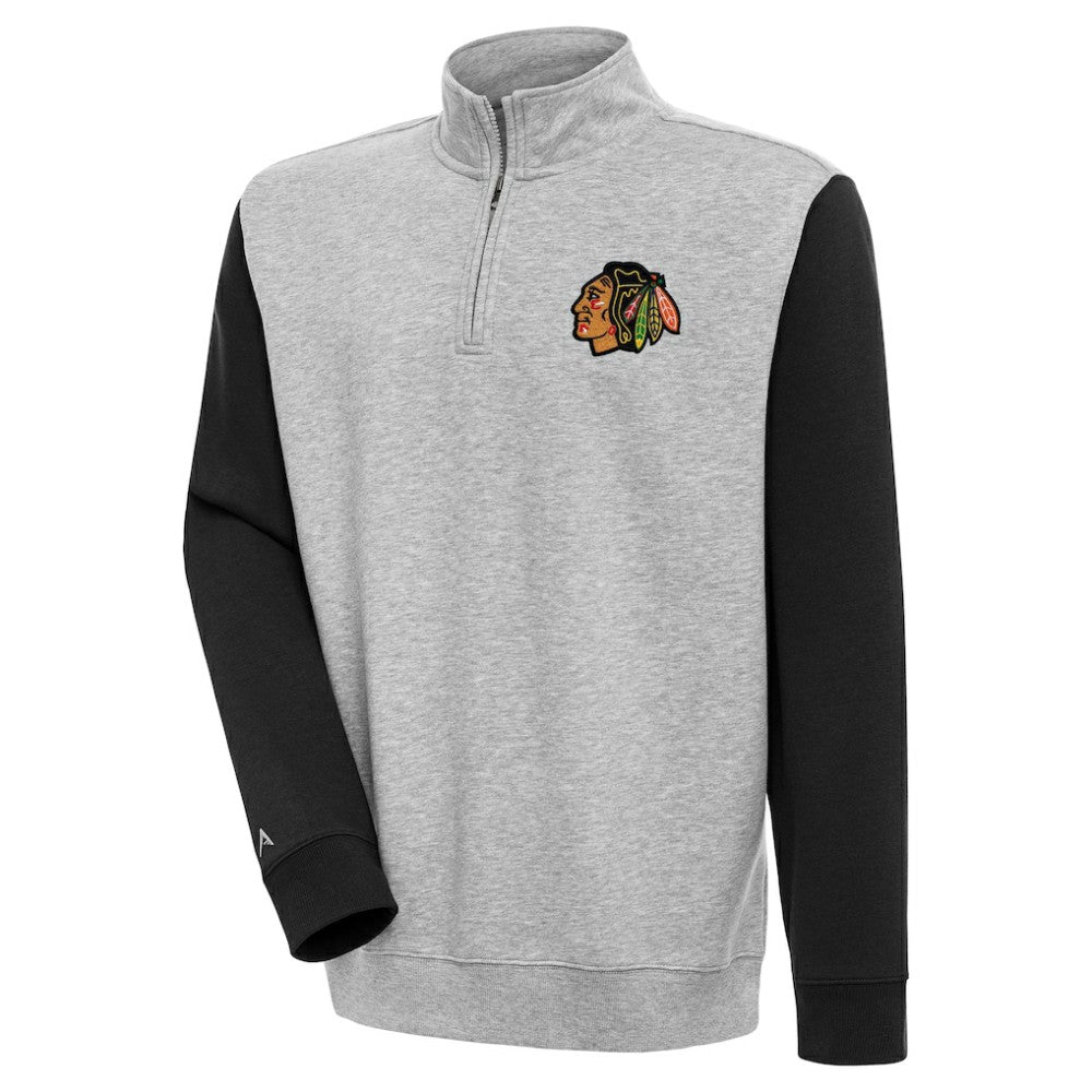 Chicago Blackhawks Antigua Victory Colorblock Quarter-Zip Pullover Top - Heather Gray/Black | NHL discount