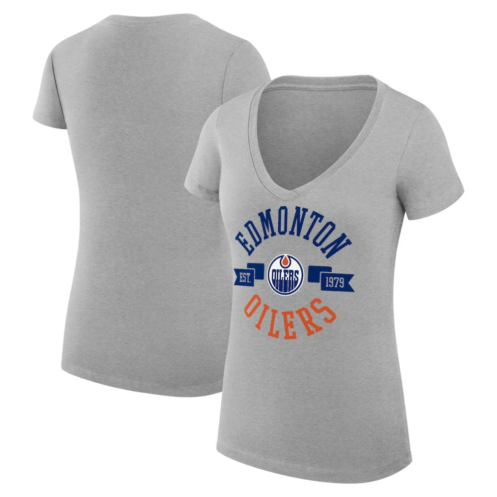 Edmonton Oilers G-III 4Her by Carl Banks Women's Super-Slim Fit Lightweight City Graphic V-Neck T-Shirt - Heather Gray | NHL Clearance