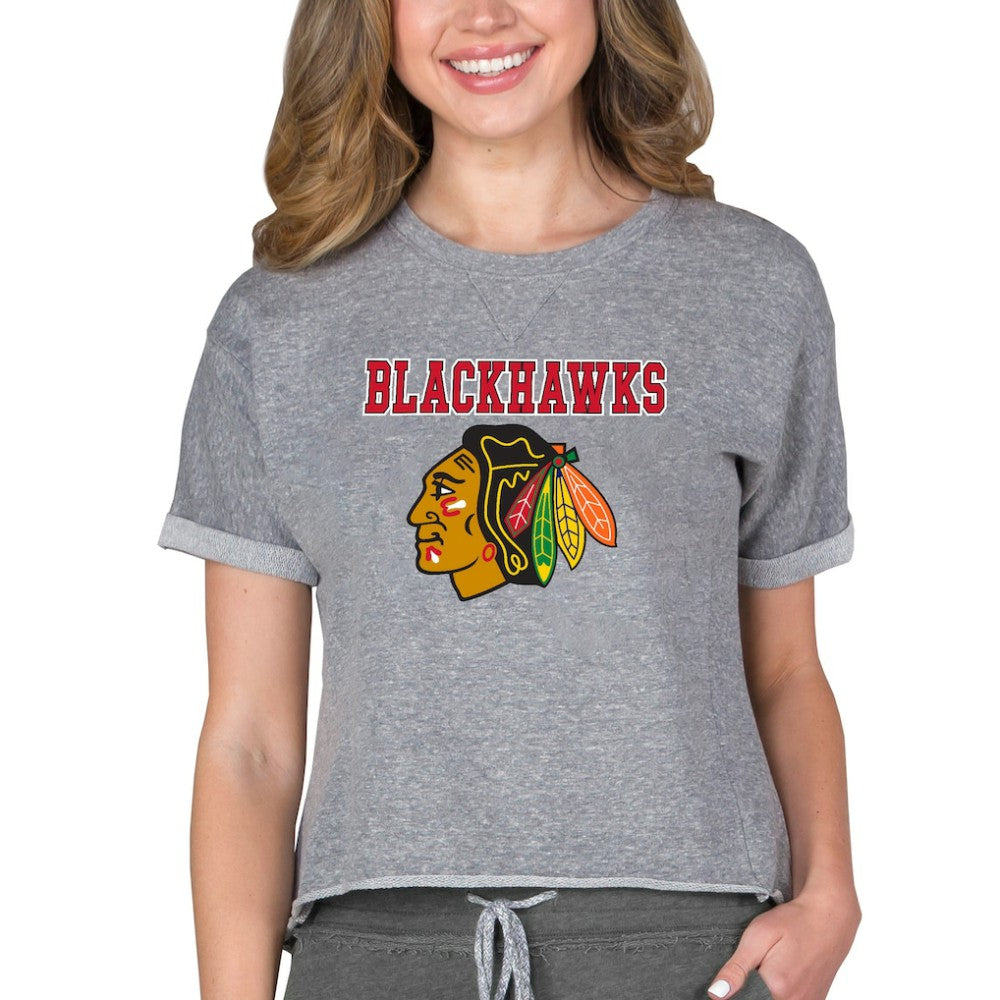 Chicago Blackhawks Concepts Sport Women's Tri-Blend Mainstream Terry Short Sleeve Sweatshirt Top - Heather Gray | NHL Clearance