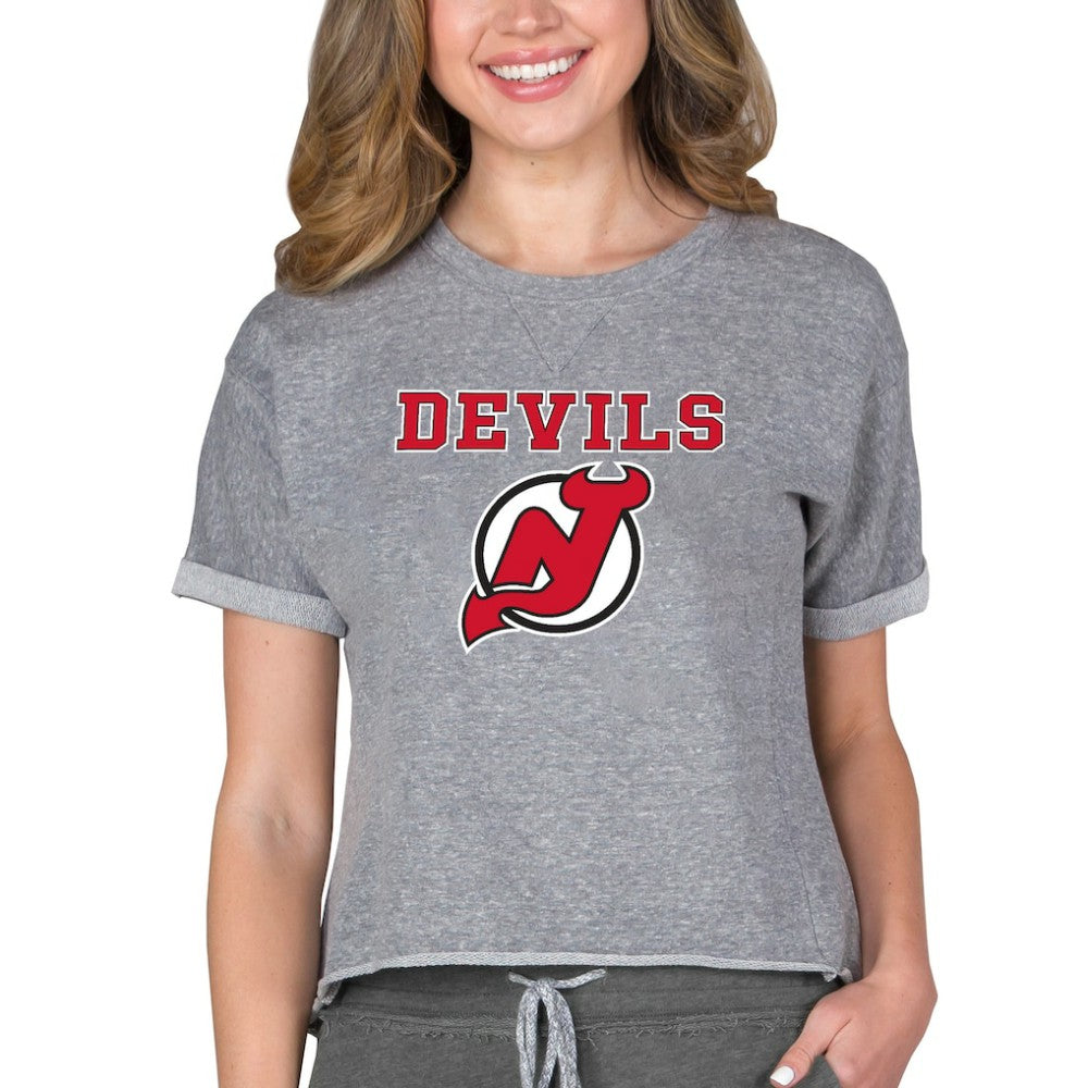 New Jersey Devils Concepts Sport Women's Tri-Blend Mainstream Terry Short Sleeve Sweatshirt Top - Heather Gray | NHL Clearance