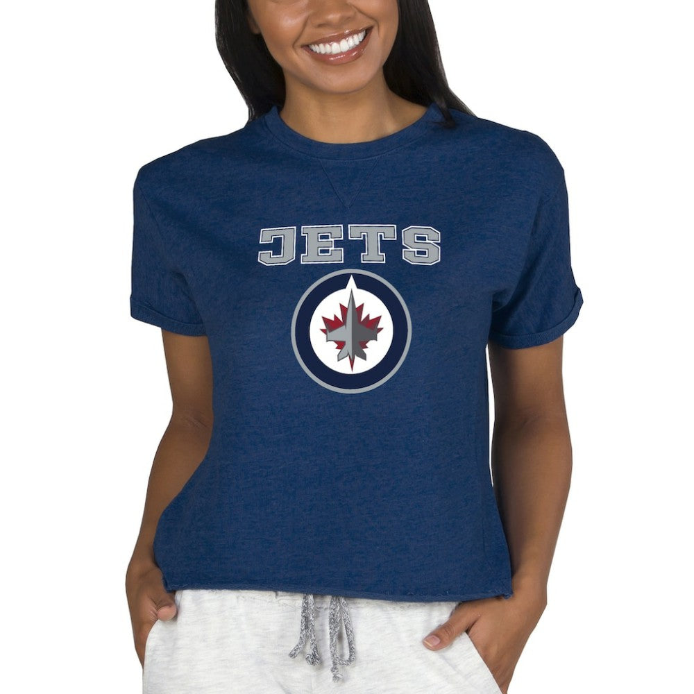 Winnipeg Jets Concepts Sport Women's Tri-Blend Mainstream Terry Short Sleeve Sweatshirt Top - Navy | NHL near me