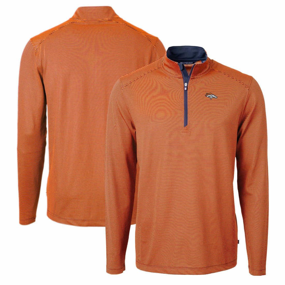 Denver Broncos Cutter & Buck Virtue Eco Pique Micro Stripe Recycled Quarter-Zip Pullover Top - Orange/Navy - NFL