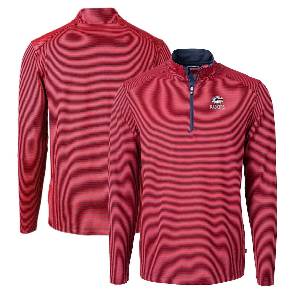 Green Bay Packers Cutter & Buck Virtue Eco Pique Micro Stripe Recycled Quarter-Zip Pullover Top - Red/Navy - NFL