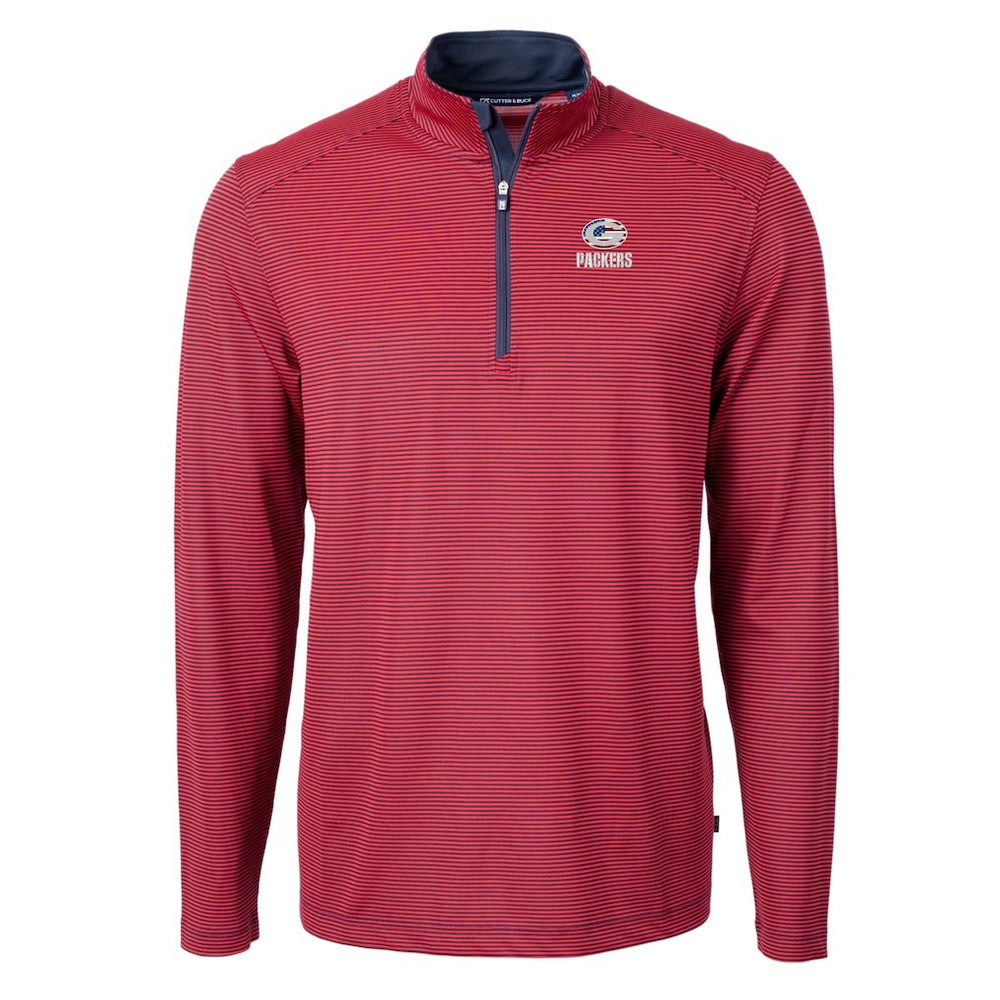 Green Bay Packers Cutter & Buck Virtue Eco Pique Micro Stripe Recycled Quarter-Zip Pullover Top - Red/Navy - NFL