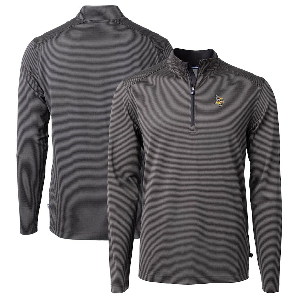 Minnesota Vikings Cutter & Buck Virtue Eco Pique Micro Stripe Recycled Quarter-Zip Pullover Top - Black/Gray - NFL