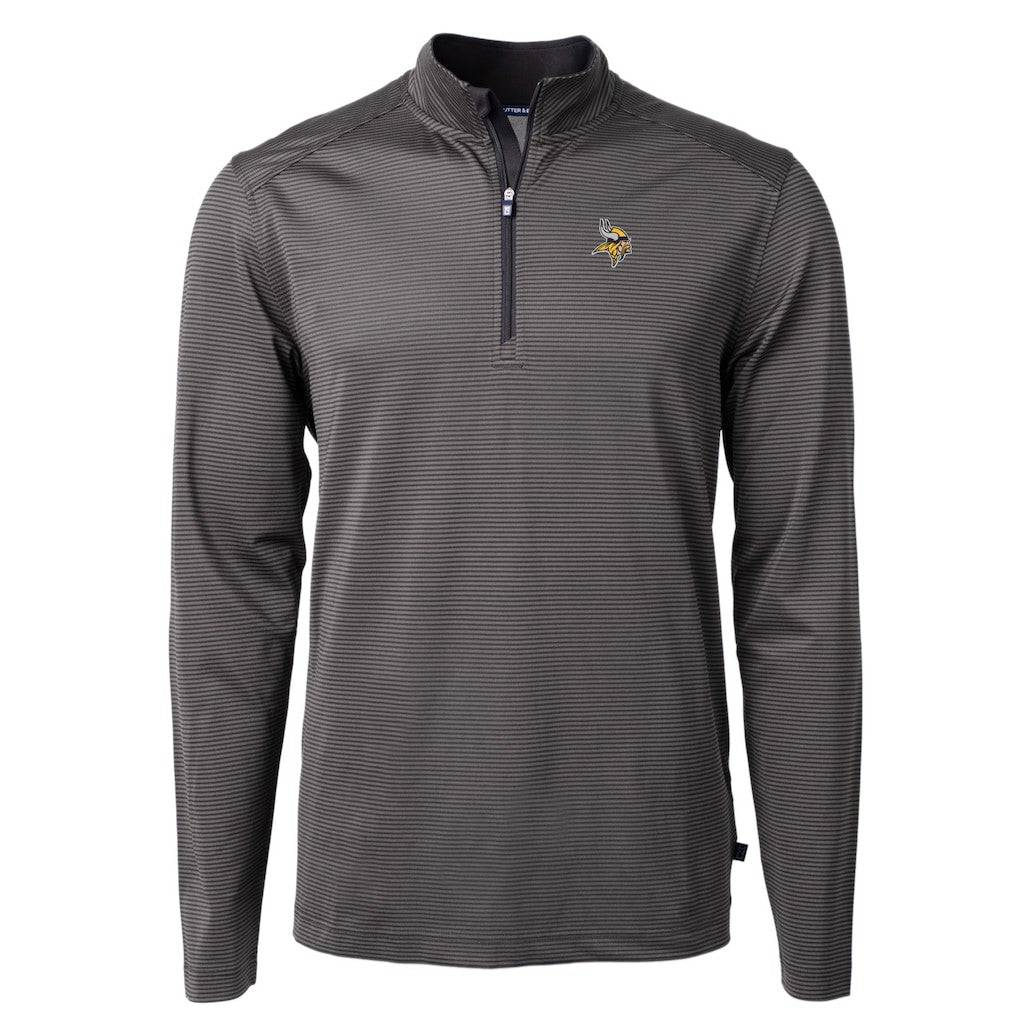 Minnesota Vikings Cutter & Buck Virtue Eco Pique Micro Stripe Recycled Quarter-Zip Pullover Top - Black/Gray - NFL