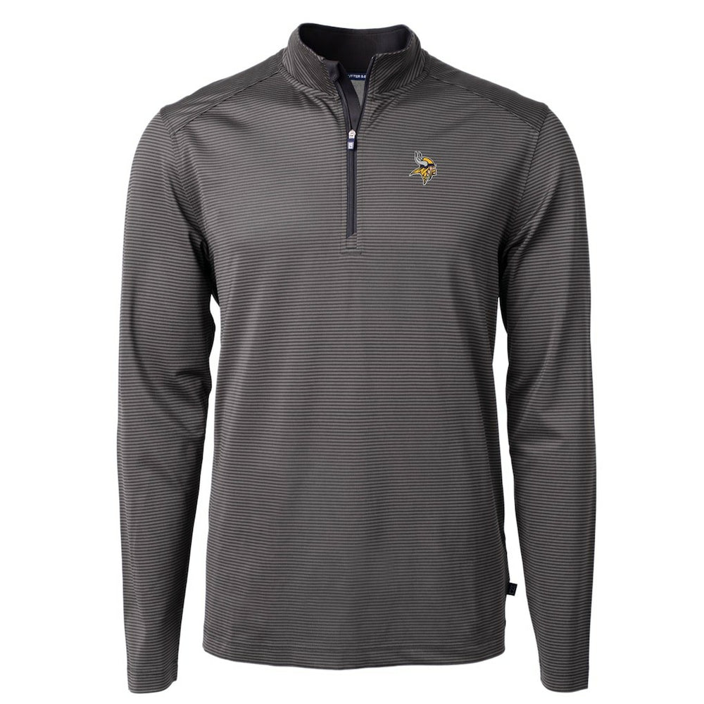 Minnesota Vikings Cutter & Buck Virtue Eco Pique Micro Stripe Recycled Quarter-Zip Pullover Top - Black/Gray - NFL