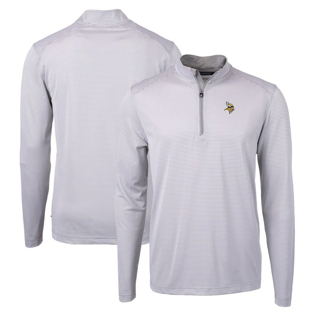 Minnesota Vikings Cutter & Buck Virtue Eco Pique Micro Stripe Recycled Quarter-Zip Pullover Top - Gray/White - NFL