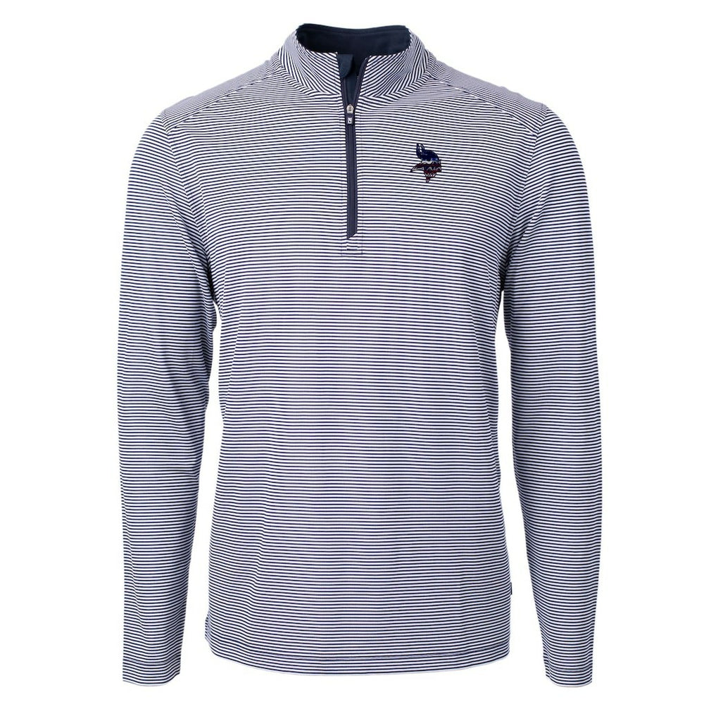 Minnesota Vikings Cutter & Buck Virtue Eco Pique Micro Stripe Recycled Quarter-Zip Pullover Top - Navy/White - NFL