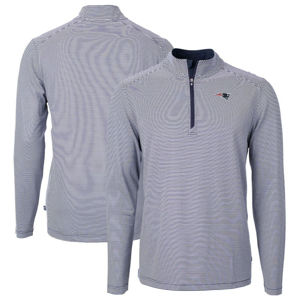 New England Patriots Cutter & Buck Virtue Eco Pique Micro Stripe Recycled Quarter-Zip Pullover Top - Navy/White - NFL