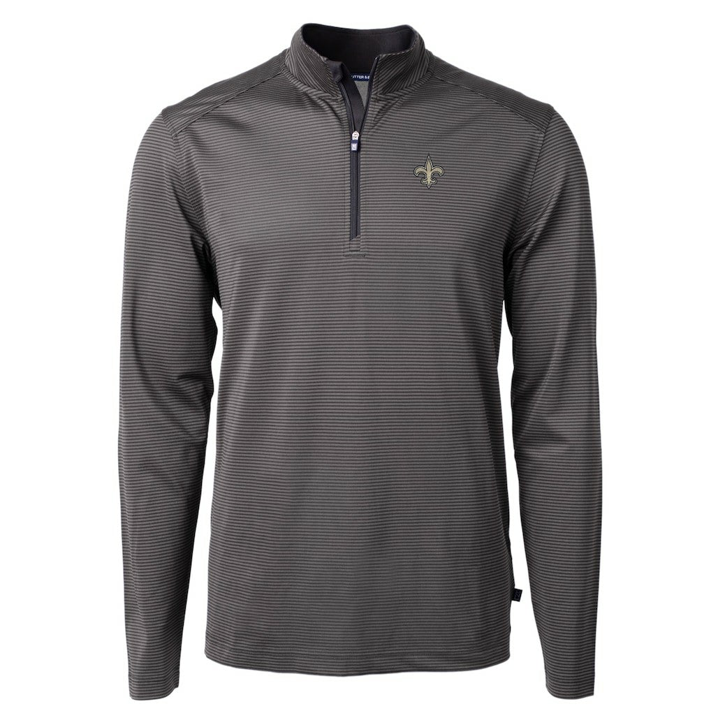 New Orleans Saints Cutter & Buck Virtue Eco Pique Micro Stripe Recycled Quarter-Zip Pullover Top - Black/Gray - NFL