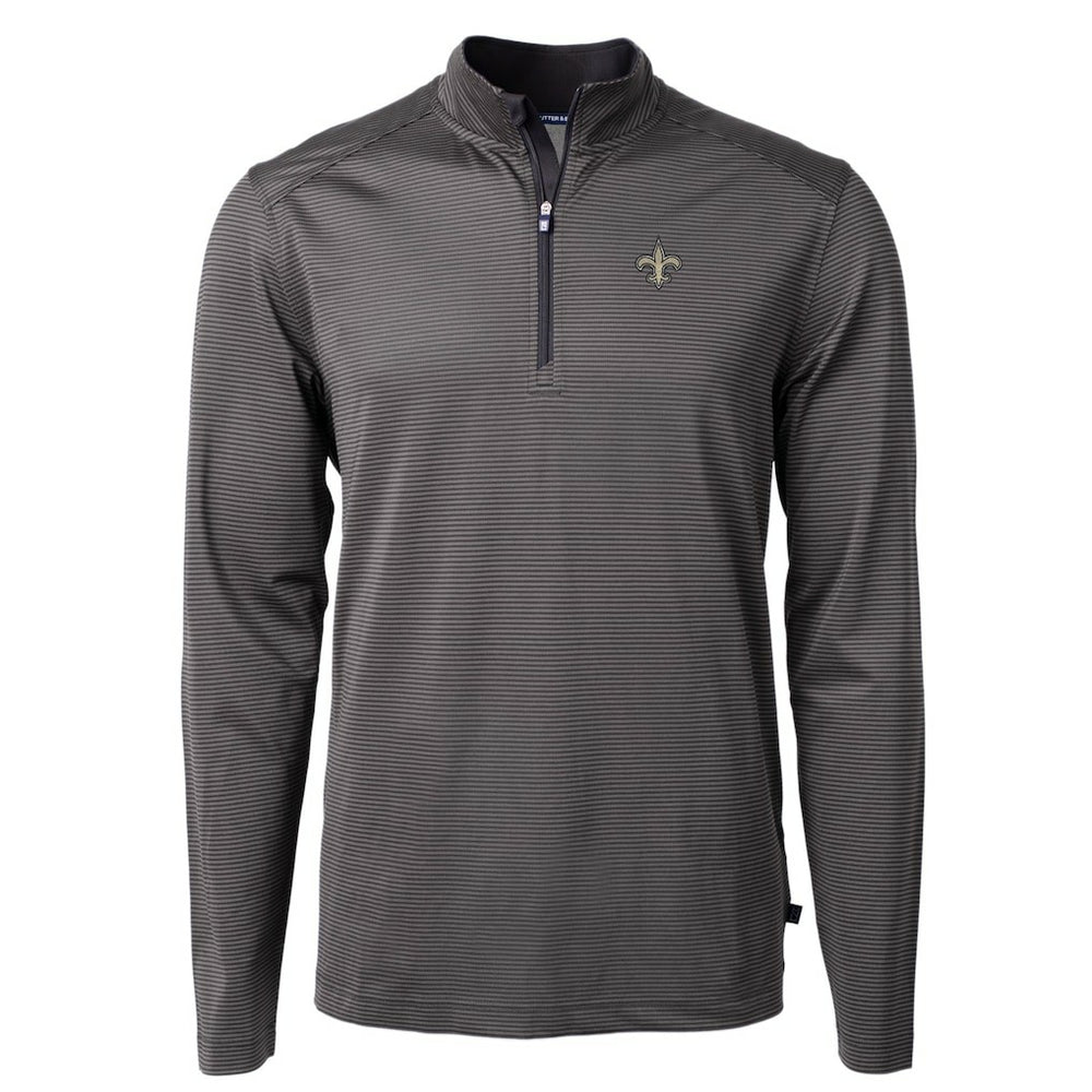 New Orleans Saints Cutter & Buck Virtue Eco Pique Micro Stripe Recycled Quarter-Zip Pullover Top - Black/Gray - NFL