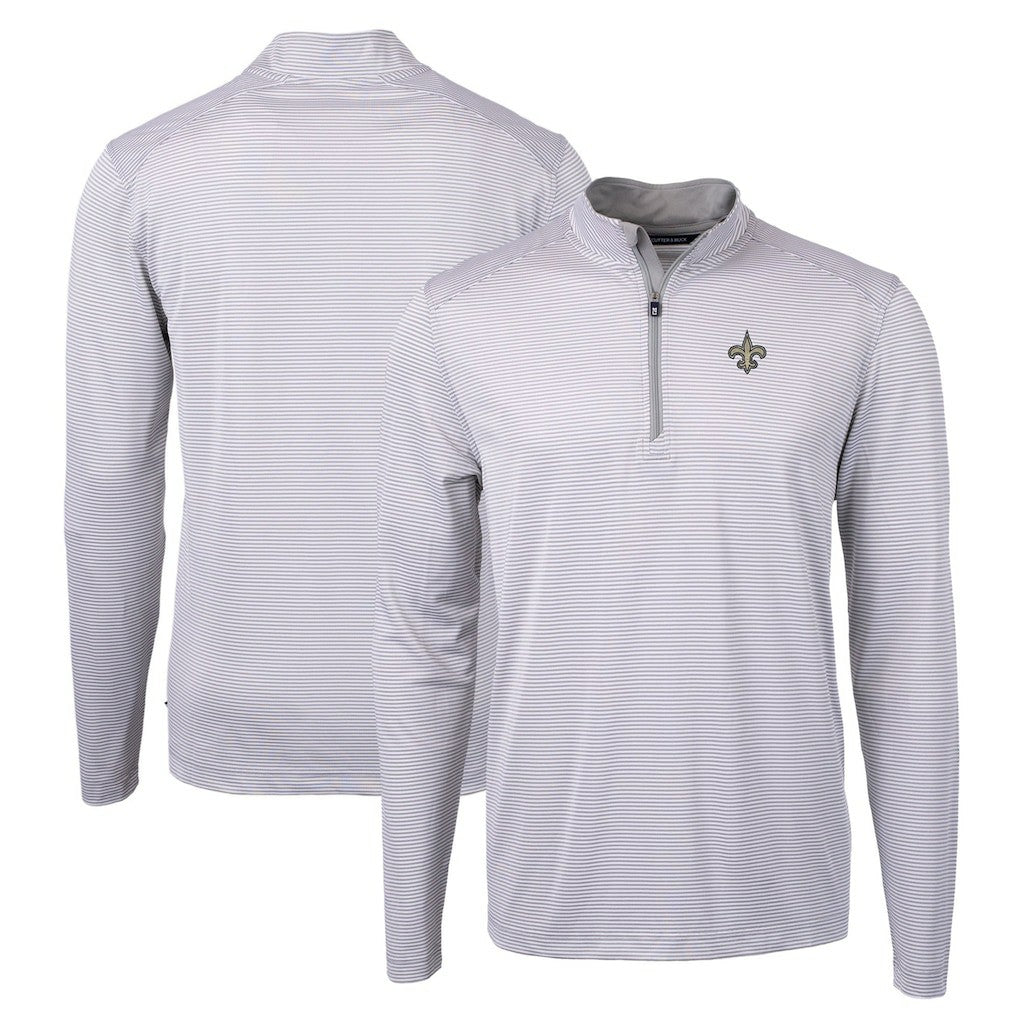 New Orleans Saints Cutter & Buck Virtue Eco Pique Micro Stripe Recycled Quarter-Zip Pullover Top - Gray/White - NFL