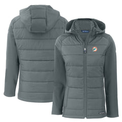 Miami Dolphins Cutter & Buck Women's Throwback Evoke Hybrid Eco Softshell Recycled Full-Zip Hoodie Jacket - Gray - NFL