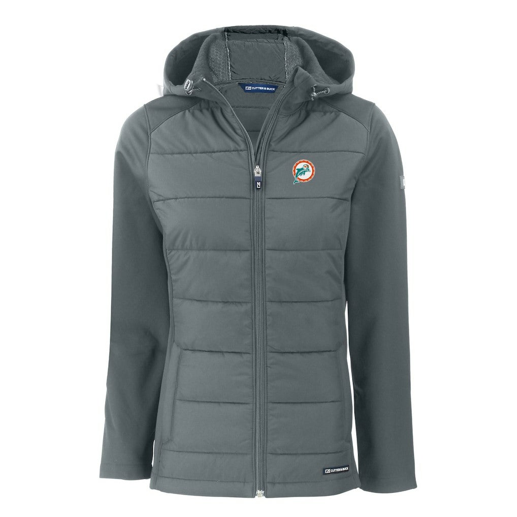 Miami Dolphins Cutter & Buck Women's Throwback Evoke Hybrid Eco Softshell Recycled Full-Zip Hoodie Jacket - Gray - NFL