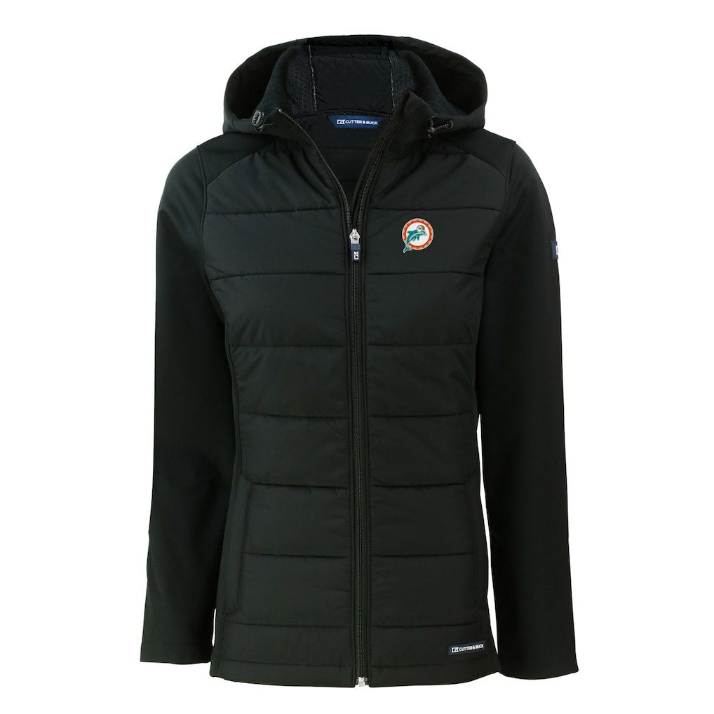 Miami Dolphins Cutter & Buck Women's Throwback Evoke Hybrid Eco Softshell Recycled Full-Zip Hoodie Jacket - Black - NFL
