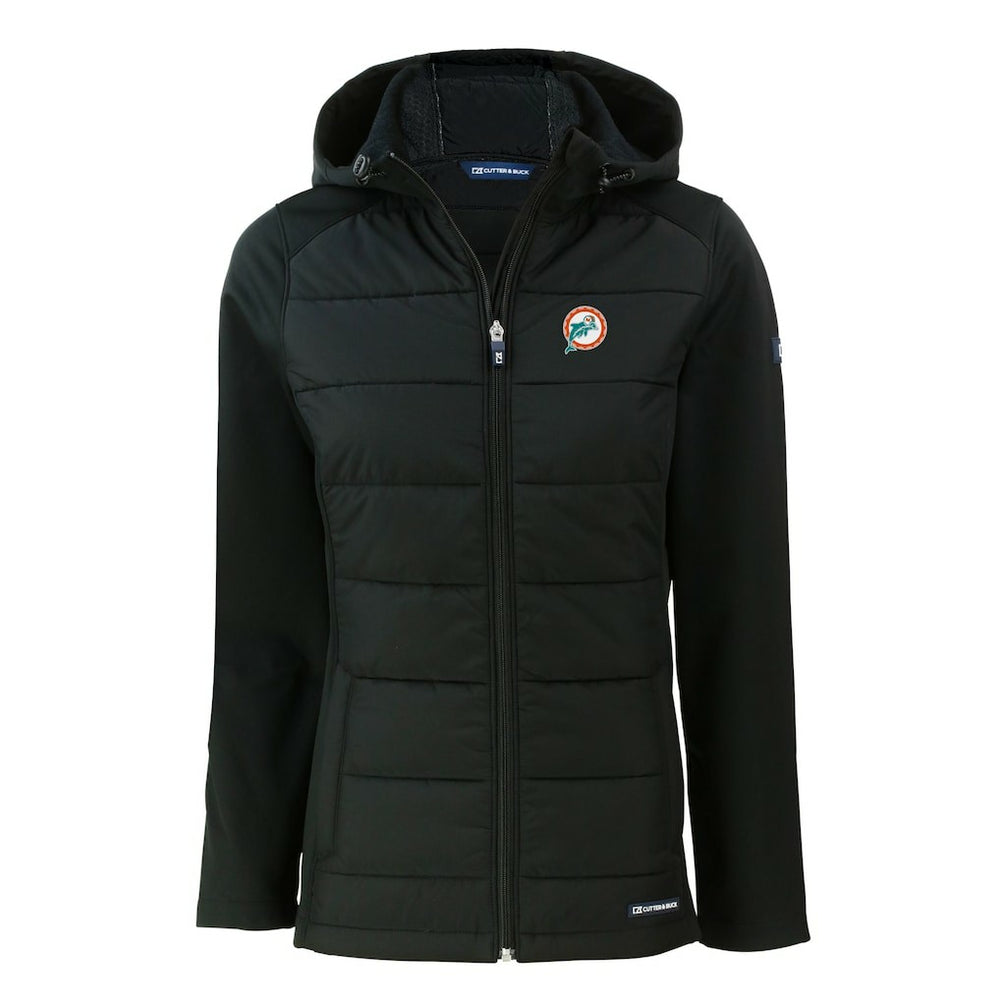 Miami Dolphins Cutter & Buck Women's Throwback Evoke Hybrid Eco Softshell Recycled Full-Zip Hoodie Jacket - Black - NFL