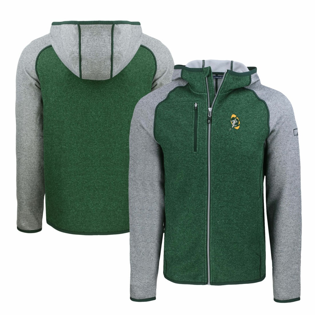 Green Bay Packers Cutter & Buck Throwback Mainsail Sweater-Knit Full-Zip Hoodie - Heather Green/Heather Gray - NFL