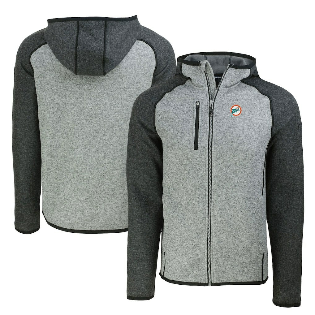 Miami Dolphins Cutter & Buck Throwback Mainsail Sweater-Knit Full-Zip Hoodie - Heather Gray/Heather Charcoal - NFL